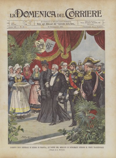 De aankomst van de Russische keizerlijke familie in Frankrijk, de vrouwen van de markt van Duinkerken bieden de traditionele vis aan door Achille Beltrame