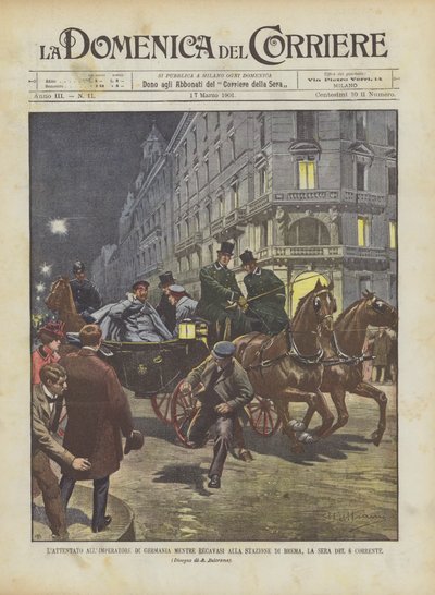 De aanslag op de keizer van Duitsland terwijl hij naar het station van Bremen ging, de avond van de 6e lopende maand door Achille Beltrame
