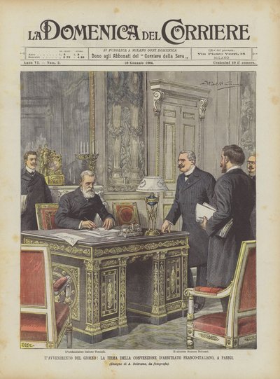 De gebeurtenis van de dag, de ondertekening van het Frans-Italiaanse arbitrageverdrag in Parijs door Achille Beltrame
