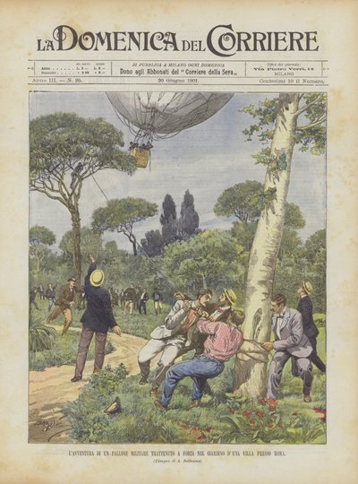 Het avontuur van een militaire ballon met geweld vastgehouden in de tuin van een villa bij Rome door Achille Beltrame