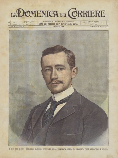 De held van de dag, Guglielmo Marconi, uitvinder van draadloze telegrafie die onlangs de oceaan overstak door Achille Beltrame