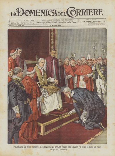 De verheffing van de nieuwe paus, de maarschalk van het conclaaf prins Chigi als eerste toegelaten tot de voetkus door Achille Beltrame
