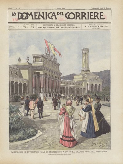 De internationale elektriciteitstentoonstelling in Como, de grote hoofdgevel door Achille Beltrame