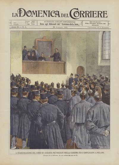 De inhuldiging van de landbouwcursus voor soldaten in de kazerne van S. Simpliciano, Milaan door Achille Beltrame