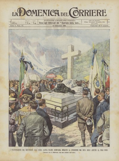 De inhuldiging van het monument voor de berggids Ollier, verdwenen tijdens de expeditie van de hertog door Achille Beltrame
