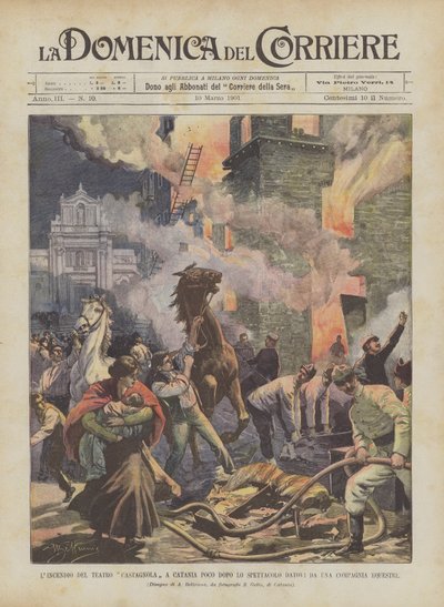 De brand in het Castagnola-theater in Catania kort na de voorstelling gegeven door een circusgezelschap door Achille Beltrame