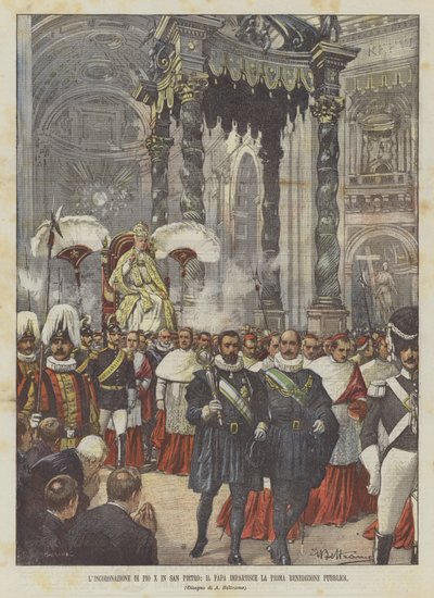 De kroning van Pius X in de Sint-Pieter, de paus geeft de eerste openbare zegen door Achille Beltrame