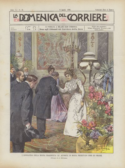 De naamdag van koningin Margherita, de autoriteiten van Monza presenteren bloemen en eerbetoon door Achille Beltrame