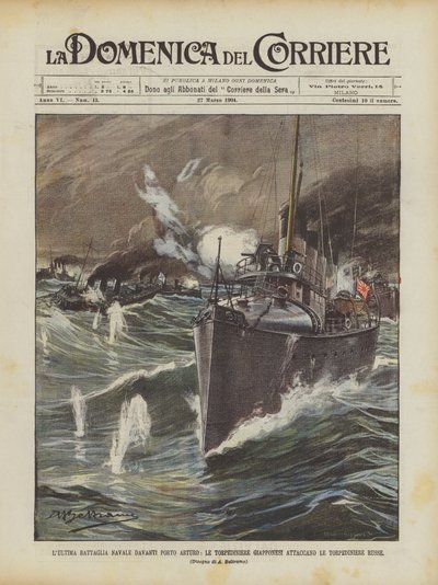 De laatste zeeslag voor Port Arthur, de Japanse torpedobootjagers vallen de Russische torpedobootjagers aan door Achille Beltrame