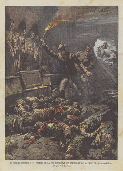 De toevallige ontdekking van een kerkhof met gemummificeerde lichamen in de kelders van het kasteel van Aquila (Abruzzo) door Achille Beltrame