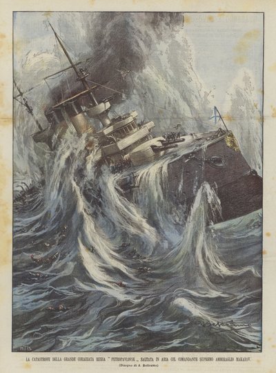 De ramp van het grote Russische slagschip Petropavlovsk dat in de lucht werd geblazen met opperbevelhebber admiraal Makarov door Achille Beltrame