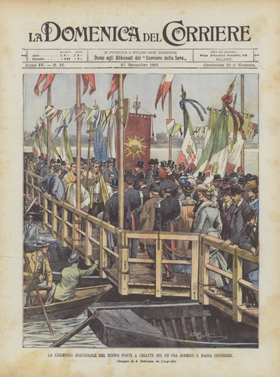 De openingsceremonie van de nieuwe pontonbrug over de Po tussen Sermide en Massa Superiore door Achille Beltrame