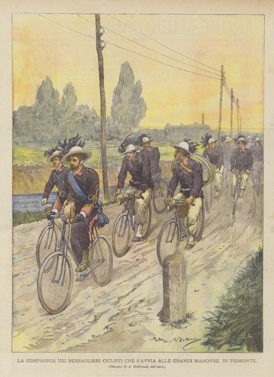 De compagnie van fietsende bersaglieri die op weg is naar de grote manoeuvres in Piemonte door Achille Beltrame