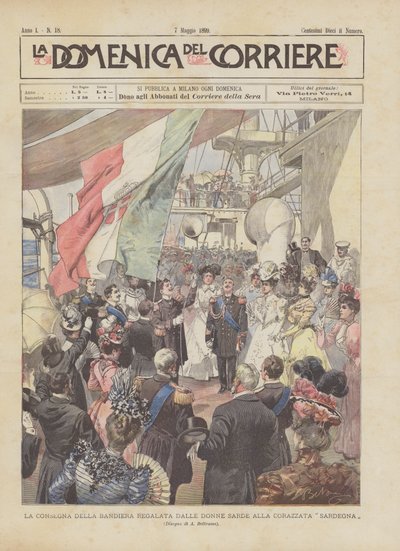 De overhandiging van de vlag geschonken door de Sardijnse vrouwen aan het slagschip Sardegna door Achille Beltrame
