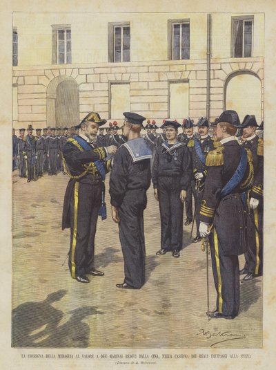 De uitreiking van de medaille voor moed aan twee matrozen teruggekeerd uit China, in de kazerne van de Koninklijke bemanningen in La Spezia door Achille Beltrame