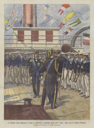 De uitreiking van medailles aan de bemanning van het schip Elba in de baai van Nimrod (Ce-Kiang) door Achille Beltrame