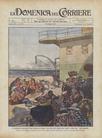 De ongelukkige emigratie van Italianen naar Canada, een scène van hun pijnlijke reis aan boord van de Lake Megantic door Achille Beltrame