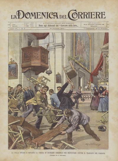 De menigte bestormt en verwoest de kerk van Giussano (Brianza) om te protesteren tegen de verhuizing van de pastoor door Achille Beltrame