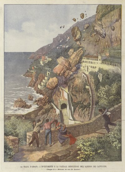 De aardverschuiving van Amaefi, de aanrijding en gedeeltelijke sloop van het Cappuccini-hotel door Achille Beltrame