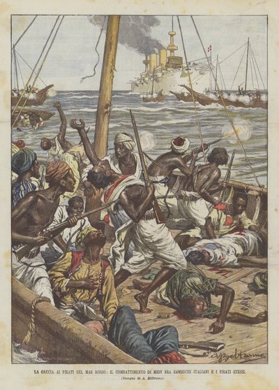 De jacht op piraten in de Rode Zee, het gevecht van Midy tussen Italiaanse sambuchi en de piraten zelf door Achille Beltrame