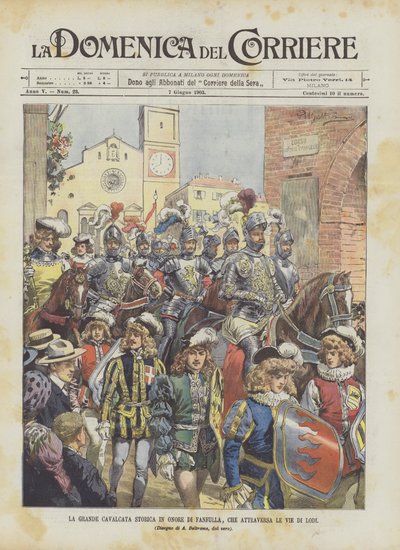 De grote historische optocht ter ere van Fanfulla, die door de straten van Lodi trekt door Achille Beltrame