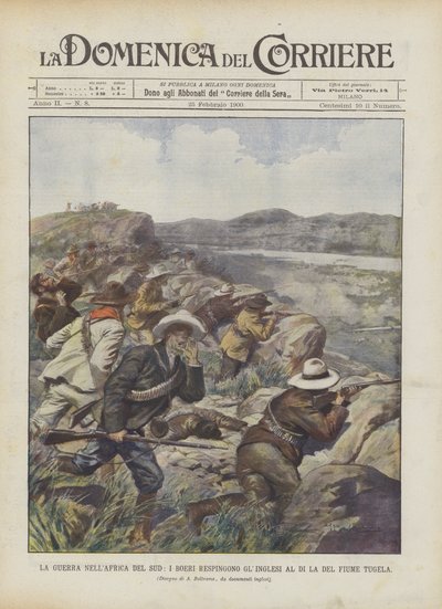 De oorlog in Zuid-Afrika, de Boeren verdrijven de Engelsen over de Tugela-rivier door Achille Beltrame
