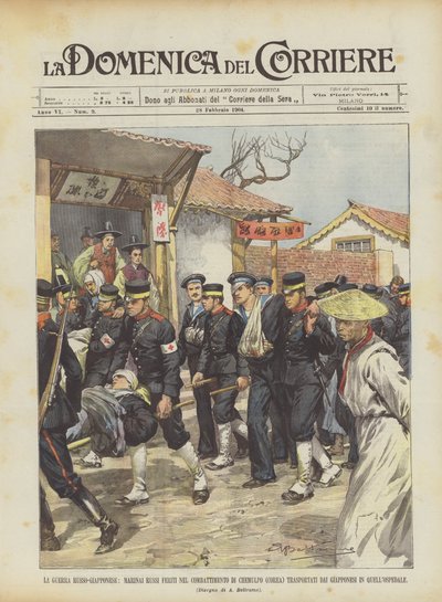De Russisch-Japanse oorlog, gewonde Russische matrozen in de strijd van Chemulpo (Korea) vervoerd ? door Achille Beltrame