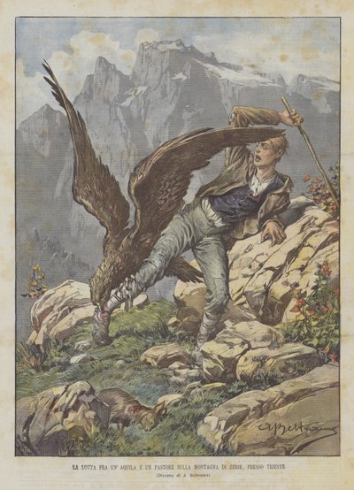 Het gevecht tussen een adelaar en een herder op de berg Zerie bij Triëst door Achille Beltrame