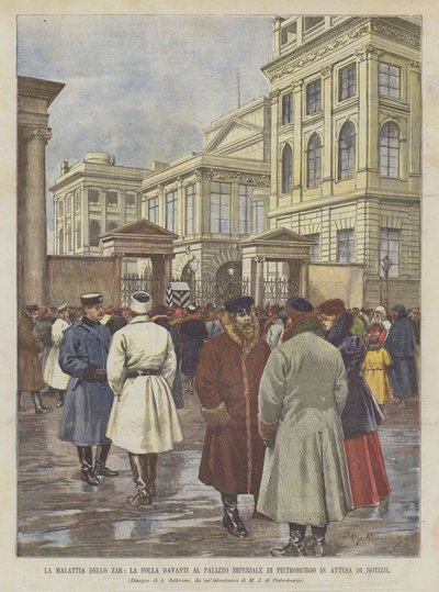 De ziekte van de Tsaar, de menigte voor het Keizerlijk Paleis van Sint-Petersburg wachtend op nieuws door Achille Beltrame