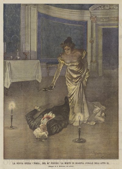 De nieuwe opera Tosca van M° Puccini, de dood van Scarpia (einde van Act II) door Achille Beltrame