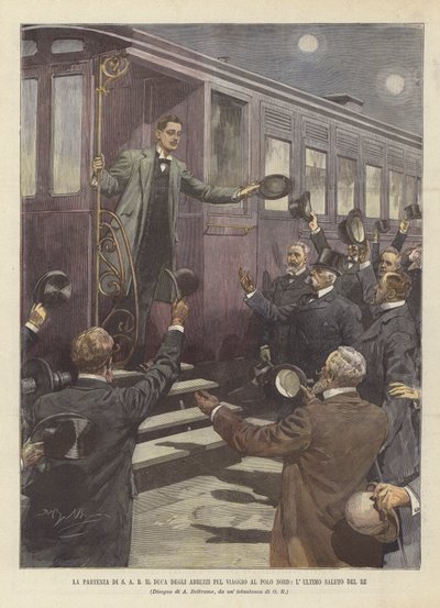 Het vertrek van ZKH de hertog van de Abruzzen voor de reis naar de Noordpool, het laatste afscheid van de koning door Achille Beltrame