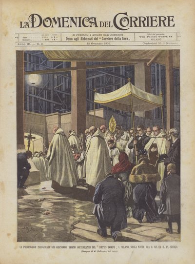 De inaugurele processie van de grandioze ondergrondse tempel van Corpus Domini in Milaan door Achille Beltrame