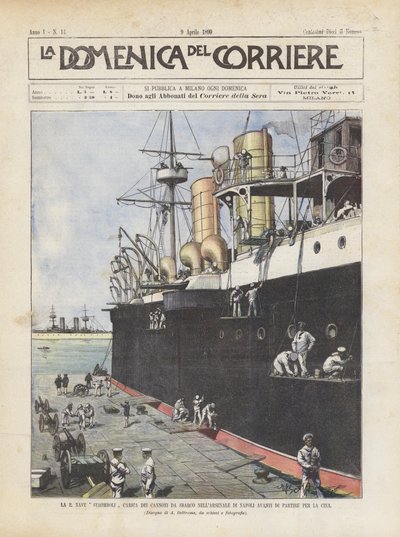 De R. schip Stromboli laadt landingskanonnen in de marinewerf van Napels voordat het naar China vertrekt door Achille Beltrame