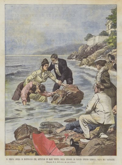 Koningin Amelia van Portugal die, gekleed, in zee sprong vanaf het strand van Cascaes door Achille Beltrame