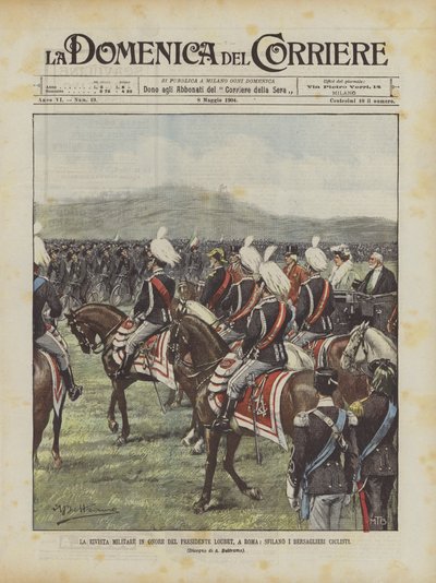 De militaire parade ter ere van president Loubet, in Rome, de fietsers van de Bersaglieri marcheren door Achille Beltrame
