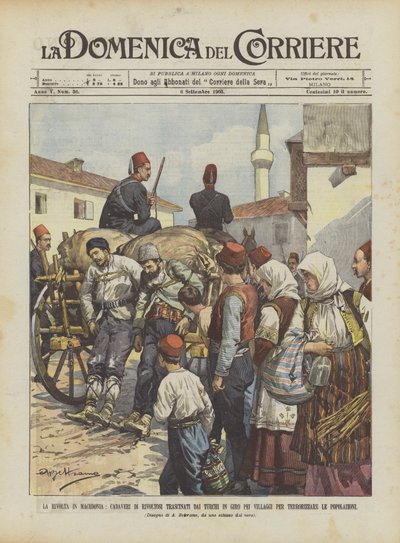 De opstand in Macedonië, lijken van opstandelingen door de Turken door de dorpen gesleept door Achille Beltrame