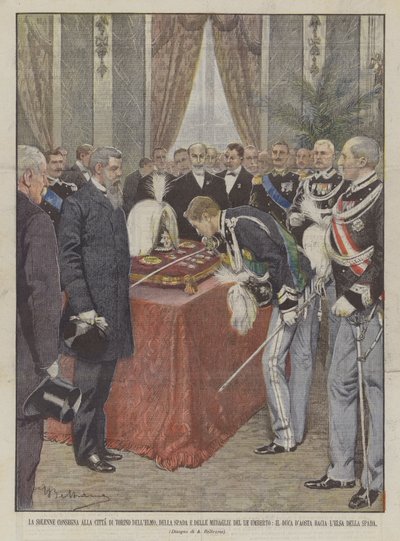 De plechtige overhandiging aan de stad Turijn van de helm, het zwaard en de medailles van koning Umberto door Achille Beltrame