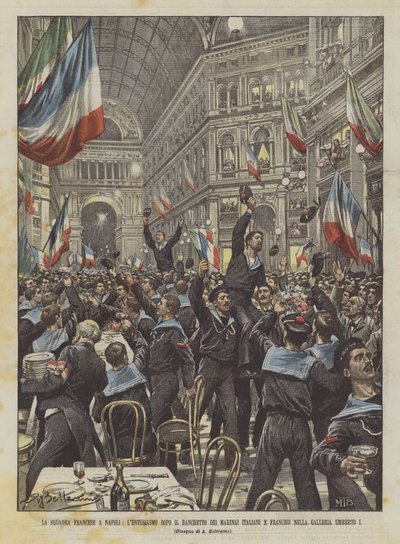 Het Franse squadron in Napels, het enthousiasme na het banket van de Italiaanse en Franse matrozen in de ? door Achille Beltrame