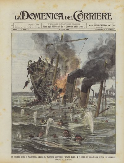 Het Russische squadron van Vladivostok laat het Japanse transport Hitachi Maru zinken en vuurt op ? door Achille Beltrame