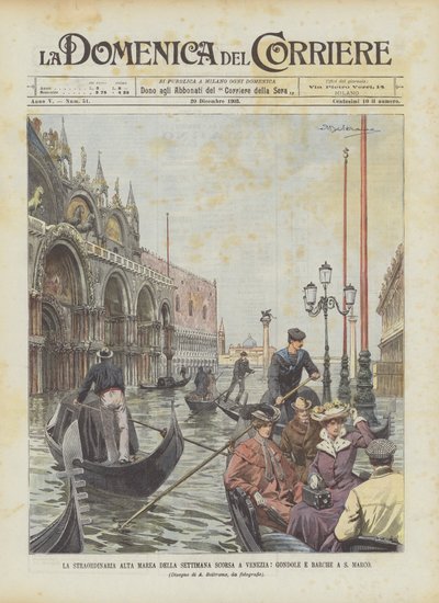 De buitengewone vloedgolf van vorige week in Venetië, gondels en boten bij S. Marco door Achille Beltrame