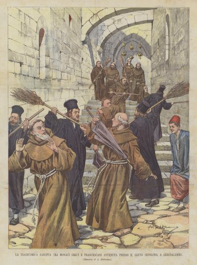 De tragikomische ruzie tussen Griekse monniken en Franciscanen bij het Heilig Graf, in Jeruzalem door Achille Beltrame