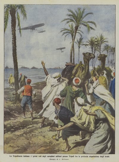 Het Italiaanse Tripolitanië, de eerste vluchten van militaire vliegtuigen bij Tripoli tussen de diepe door Achille Beltrame