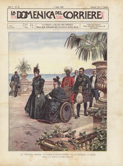 De oude koningin Victoria van Engeland aan de Rivièra, in Nice door Achille Beltrame