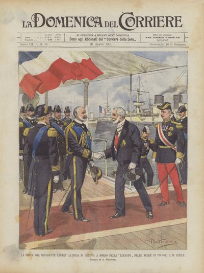 Het bezoek van president Loubet aan de hertog van Genua aan boord van de Lepanto in de wateren van Toulon, op 10 april door Achille Beltrame