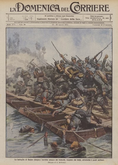 De slag bij Haelen (België), verschrikkelijke aanval van de Duitsers, afgeslagen door de Belgen over militaire bruggen door Achille Beltrame