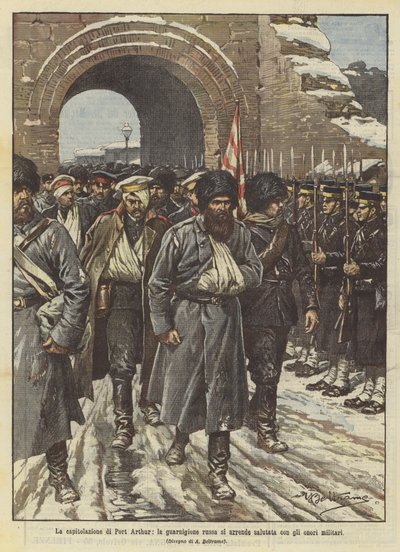 De capitulatie van Port Arthur, het Russische garnizoen geeft zich over met militaire eer door Achille Beltrame