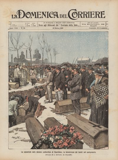 De ramp in de kolenmijnen van Courrières, de zegening van de doodskisten op de begraafplaats door Achille Beltrame