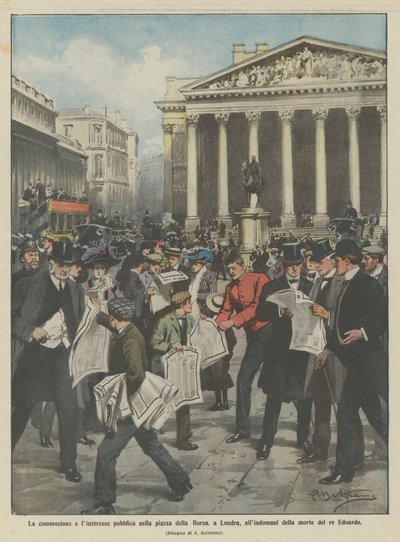 De emotie en publieke interesse op het Beursplein, in Londen, de dag na de dood van koning Edward door Achille Beltrame