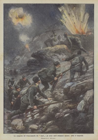 De verovering van de loopgraaf van de raketten, de heroïsche Sardijnen kruipen vooruit onder de storm door Achille Beltrame