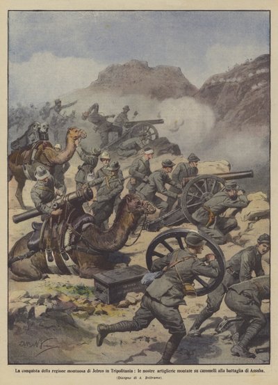 De verovering van het bergachtige gebied van Jefren in Tripolitanië, onze artillerie gemonteerd door Achille Beltrame
